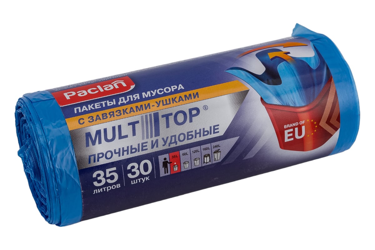 Мешки для мусора с ушками Multitop (30 шт; 50x64 см; 35 л; ПНД; 10.5 мкм;  синие) Paclan 600819