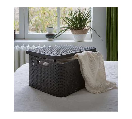 Корзина CURVER rattan style box m + крышка, темно-серая 03618-308