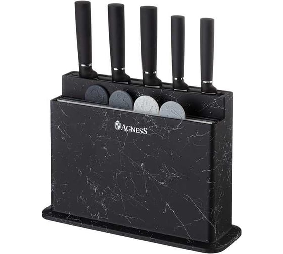 Набор Agness 10 предметов 5 ножей, 4 доски и подставка цвет черный 671-203
