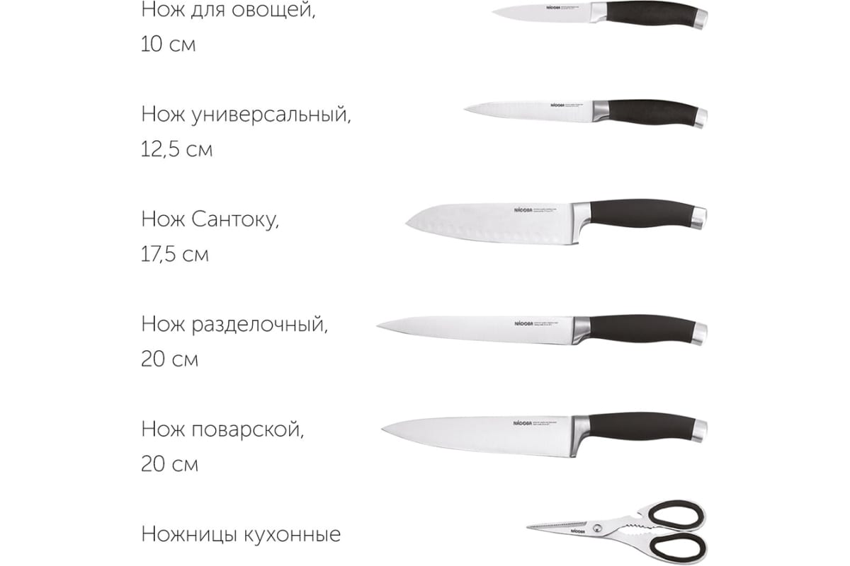 Набор из 5 кухонных ножей, ножниц и блока для ножей с ножеточкой NADOBA .