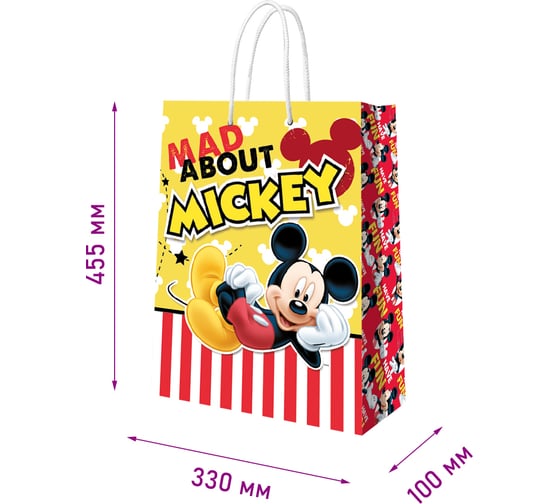 Пакет подарочный большой ND Play Mickey Mouse, желтый с паттерном, 330x455x100 мм 298528