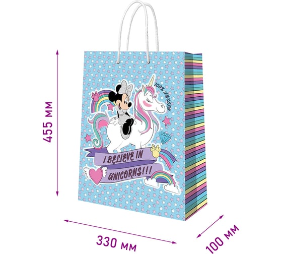 Пакет подарочный большой ND Play Minnie Mouse, Минни с единорогом, голубой, 330x455x100 мм 299949
