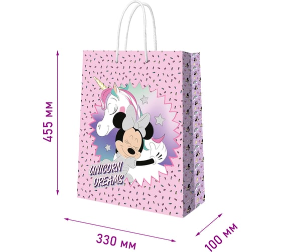Пакет подарочный большой ND Play Minnie Mouse, Минни с единорогом, розовый с паттерном, 330x455x100 мм 299948