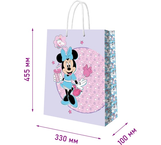 Пакет подарочный большой ND Play Minnie Mouse, Минни с единорогом, нежносиреневый с паттерном, 330x455x100 мм 298532