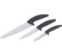 Набор ножей на подставке: нож поварской 20см, нож универсальный 13см, нож для чистки овощей 9см. Материал лезвия: X30Cr13. Рукоять: пластик, термопластичная резина. Подставка: пластик, TPR. Цвет: Чёрный. Gipfel 51085