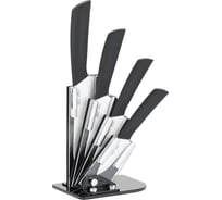 Набор кухонных ножей с керамическими лезвиями на подставке из 5 пр. Размер лезвий ножей: 15см, 13см, 10см, 8см. Цвет ручек: черный. Цвет лезвий: белый. Материал подставки: пластик Gipfel 8481