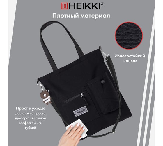 Сумка шоппер HEIKKI Equip (ХЕЙКИ), канвас, карман для бутылки, 40x35 см, черный, 272442