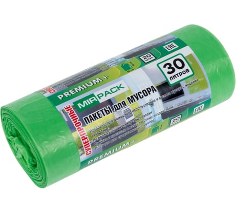 Пакеты для мусора MIRPACK "PREMIUM+" 30 литров, в рулоне 20 штук, ПСД, 20 мкм, размер 50x60 см, зеленые 3020104