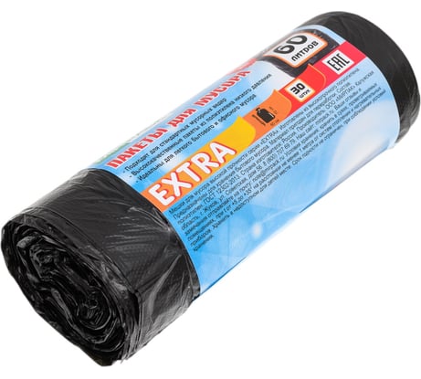 Пакеты для мусора MIRPACK "EXTRA" 60 литров, в рулоне 30 штук, ПНД, 12 мкм, размер 60x70 см, черные 60573001