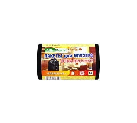 Мешки для мусора MIRPACK PREMIUM+ 60 л, в рулоне 50 шт, ПСД, 20 мкм, размер 60х70 см, черные 6050150