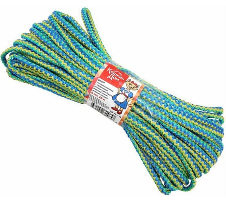 Вязаный полипропиленовый шнур КОШКИН ДОМ с серд. цвет. радуга (красн., син., зел., жёлт.) 6 мм, L 20 м 50-16-116