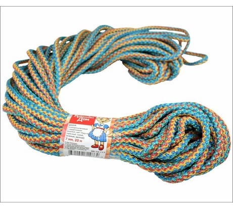 Вязаный полипропиленовый шнур КОШКИН ДОМ с серд. цвет. радуга (красн., син., зел., жёлт.,) 7 мм, L 20 м 50-16-117