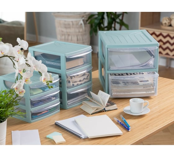 Бокс с выдвижными лотками Attache Pastel А5, мятный 3 прозрачных лотка 1110510