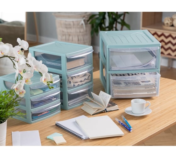 Бокс с выдвижными лотками Attache Pastel А6, мятный, 3 прозрачных лотка 1110509
