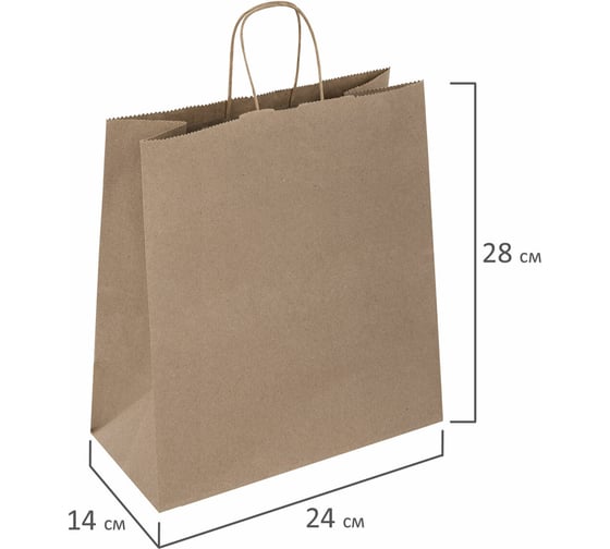 Бумажный крафт пакет LAIMA 24x14x28 см, 50 шт., крученые ручки, плот. 90 г/м2, ECO CRAFT 609685