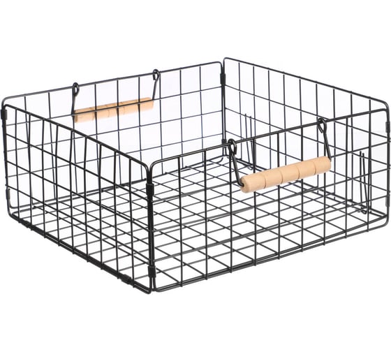 Металлическая складная корзина VETTA 28x28x12 см, деревянные ручки, черный 457-699
