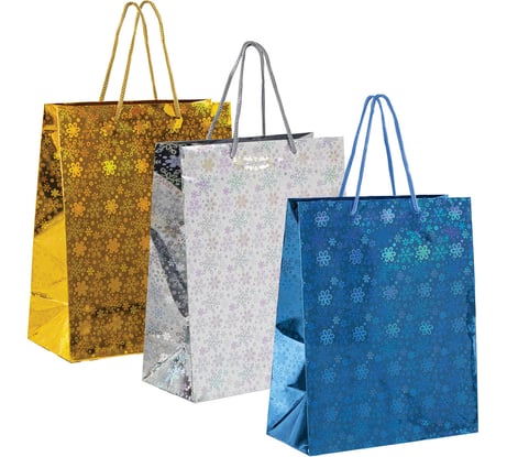 Пакет подарочный Золотая сказка новогодний 1 шт 26x13x32см L, ГОЛОГРАФИЯ ассорти 3 цвета, 609612