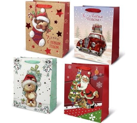 Пакет подарочный Золотая сказка НАБОР 4 штуки новогодний 26x32x13см, 3D Large 592120