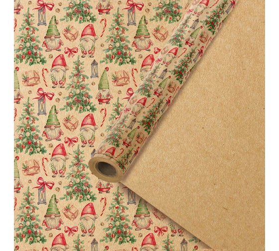 Бумага упаковочная Золотая сказка крафт BIG SIZE новогодняя "XMAS Gnomes", 0,7x10 м, , 592193 1