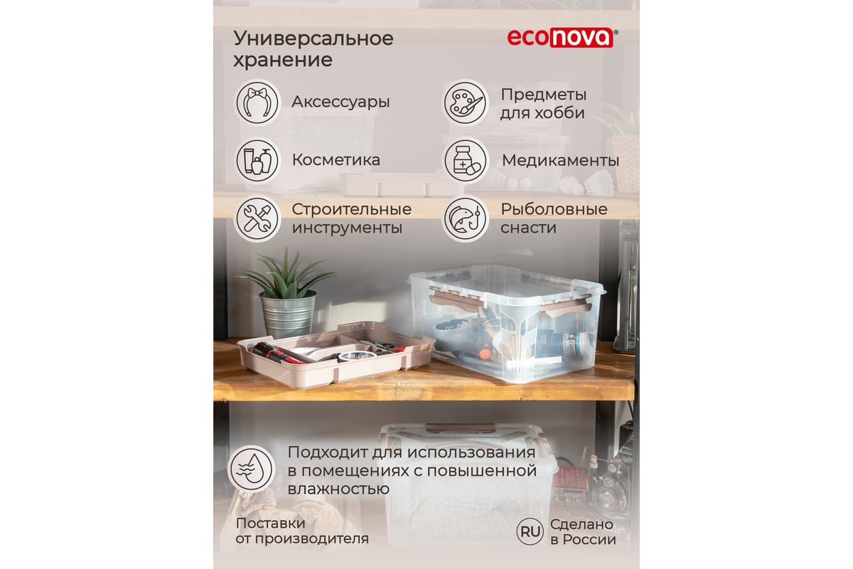 Универсальный ящик для хранения Econova Grand Box с замками и ручкой, 15,3  л 433200414 - выгодная цена, отзывы, характеристики, 1 видео, фото - купить  в Москве и РФ