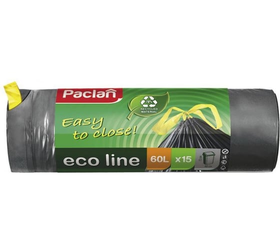 Мешки для мусора с тесьмой черные ECO LINE (15 шт; 60х72 см; 60 л; ПВД) Paclan 42013378 1