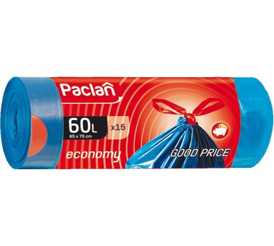 Мешки для мусора с тесьмой синие ЭКОНОМ (15 шт; 65х75 см; 60 л; ПВД) Paclan 42166037