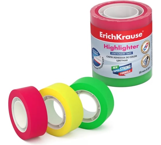Клейкая лента ErichKrause Highlighter прозрачная, цветная, 18 ммх20 м, ассорти (в пленке по 3 шт) 59659