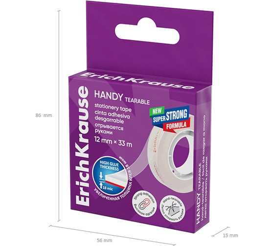 Клейкая лента ErichKrause Handy tearable, повышенной прозрачности, легко оторвать руками, 12 ммх33 м (в коробке по 1 шт.) 58736
