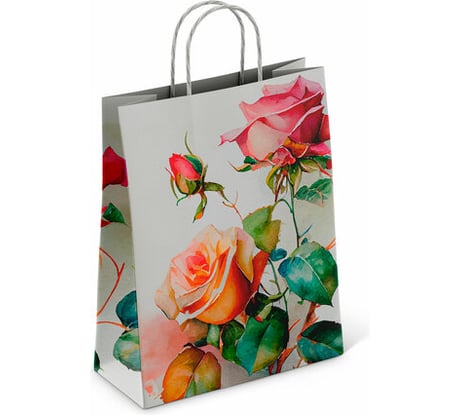Крафт пакет бумажный ОФИСМАГ Розы 22х12х25 см, с кручеными ручками, плотность 100 гр/м2, белый, 114164 701000