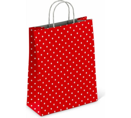 Крафт пакет бумажный ОФИСМАГ Горох на красном 22х12х25 см, с кручеными ручками, 100 гр/м2, белый 112979 700996