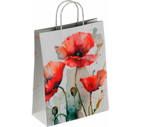 Крафт пакет бумажный ОФИСМАГ Маки 22х12х25 см, с кручеными ручками, плотность 100 гр/м2, белый 114171 700999