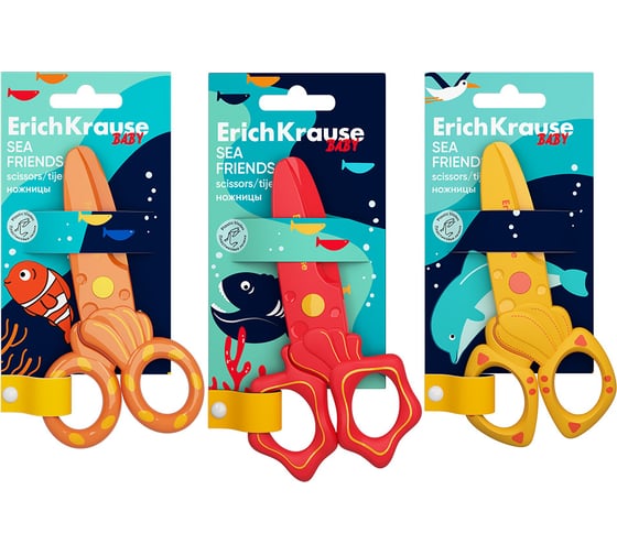 Ножницы ErichKrause пластиковые Sea Friends, 12 см, ассорти в блистере по 1 шт 60867 1