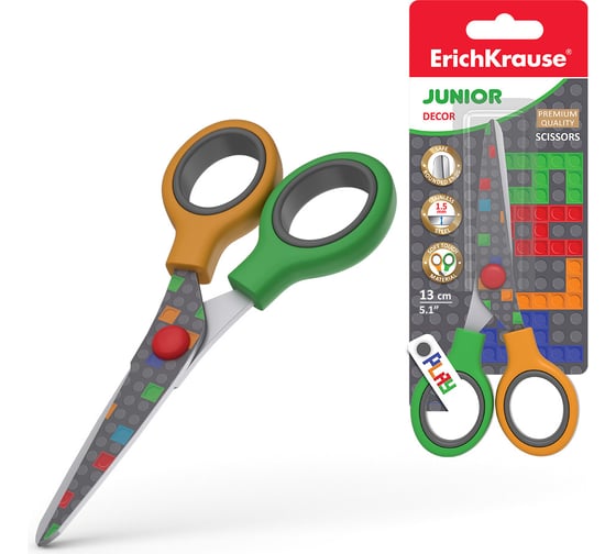 Ножницы ErichKrause Junior Decor, Color Bricks с принтом на лезвиях, 13 см в блистере по 1 шт 58346