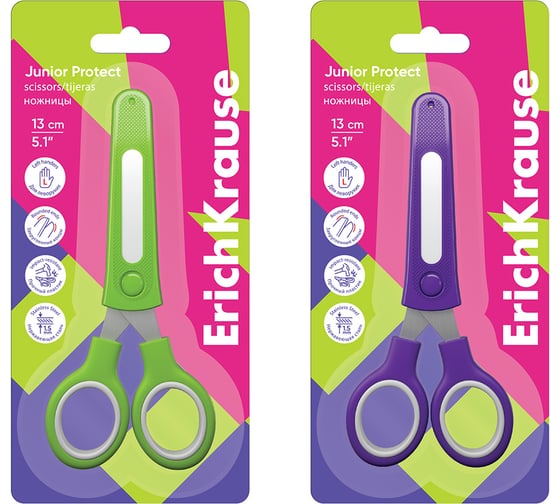 Ножницы для левшей ErichKrause Junior Protect с пластиковым чехлом и именным стикером, 13 см, ассорти в блистере по 1 шт 60866 1