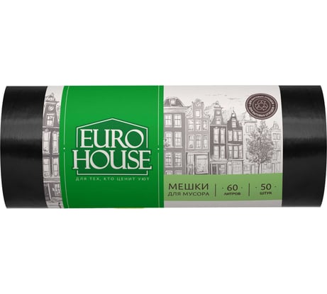 Мешки мусорные (50 шт; 60 л; 6 мкм; ПНД; рулон) EUROHOUSE 11571