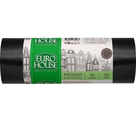Мешки для мусора (30 шт; 30 л; 5 мкрн; 48х54см; ПНД; черные) EUROHOUSE 3621