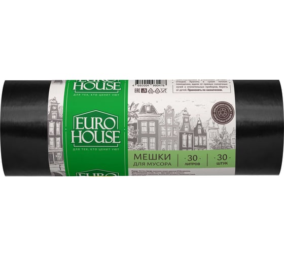 Мешки для мусора (30 шт; 30 л; 5 мкрн; 48х54см; ПНД; черные) EUROHOUSE 3621