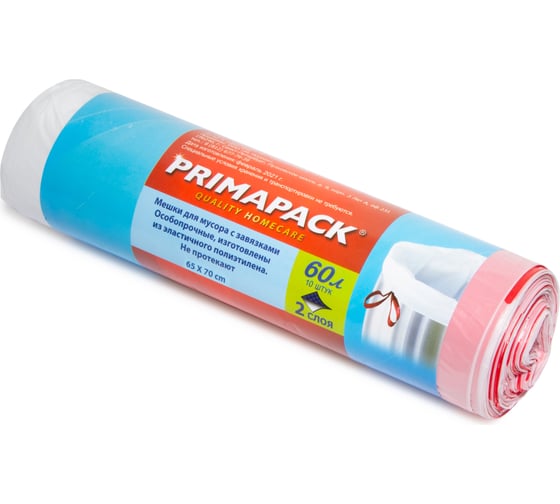 Мешки для мусора с завязками 60 л, 10 шт, белые PRIMAPACK 99195 1