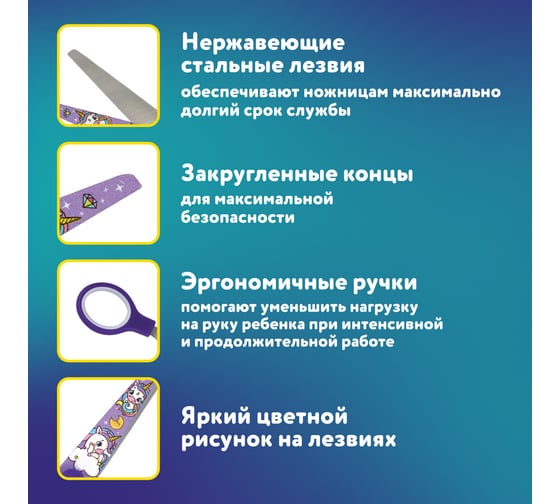 Ножницы BRAUBERG 130 мм сиреневые, с цветной печатью Единороги, закругленные, 12 шт 238350