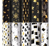 Бумага упаковочная новогодняя Золотая сказка Black.Gold.White 70х100см, 10 дизайнов ассорти 592052