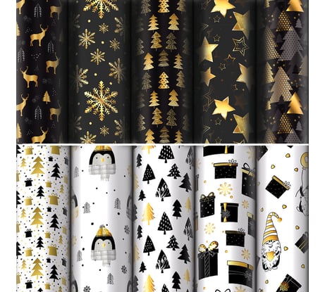 Бумага упаковочная новогодняя Золотая сказка Black.Gold.White 70х100см, 10 дизайнов ассорти 592052