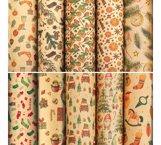 Бумага упаковочная новогодняя Золотая сказка Christmas Kraft 70х100см, 10 дизайнов ассорти 592053 1