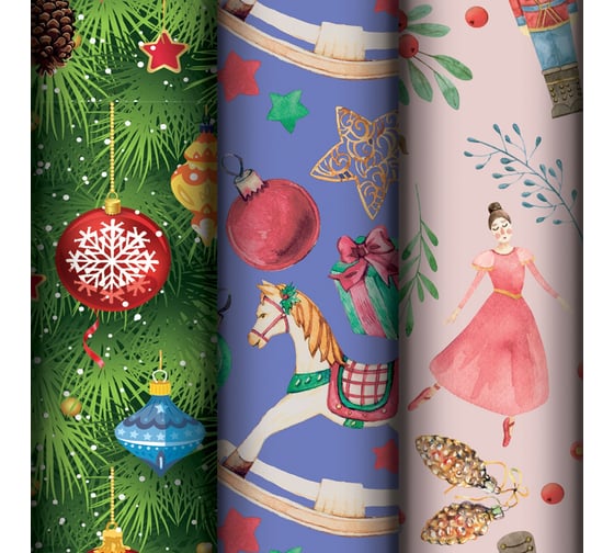 Бумага упаковочная новогодняя Золотая сказка 3шт X-mas toys 70х100см, 3 дизайна, 592611 1