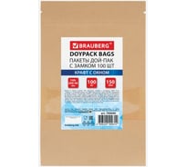 Пакет BRAUBERG Дой-Пак с замком зиплок, крафт с окном 50 мм, 140х200+40мм, 100 шт, 150 мкм 700690