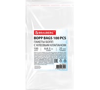 Пакеты BRAUBERG БОПП с клеевым клапаном, КОМПЛЕКТ 100 шт., 6х8+3 см, 25 мкм 700414