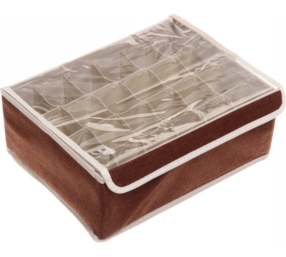 Кофр - органайзер для хранения вещей с прозрачной крышкой Селфи УЮТДОМА, цвет коричневый махагон, 24 отделения, 32*24*12см 834-292 1