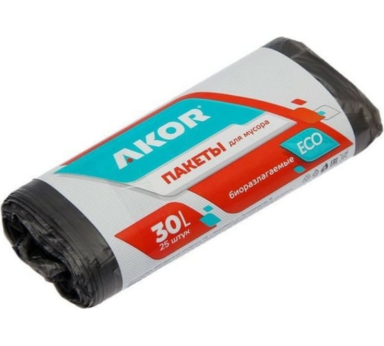 Пакеты для мусора БИО (25 шт; 30 л; черные) АКОР 201-002