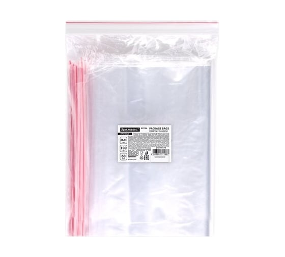 Пакеты BRAUBERG EXTRA ZIP LOCK зиплок, прочные, комплект 100 шт, 25x35 cм, ПВД, 60 мкм 608175 1