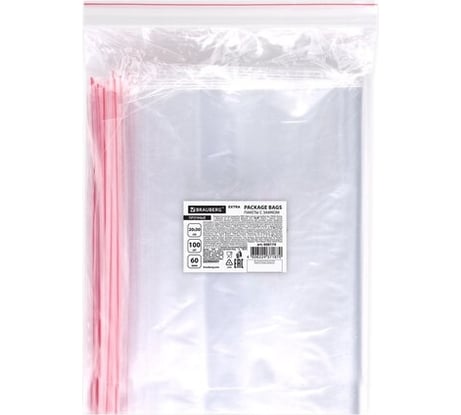Пакеты BRAUBERG EXTRA ZIP LOCK зиплок, прочные, комплект 100 шт, 20x30 cм, ПВД, 60 мкм 608174