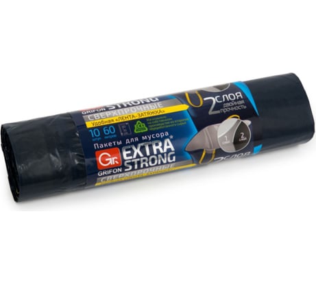 Пакеты для мусора EXTRA STRONG с завязками 60 л, 10 шт в рулоне GRIFON 101-075